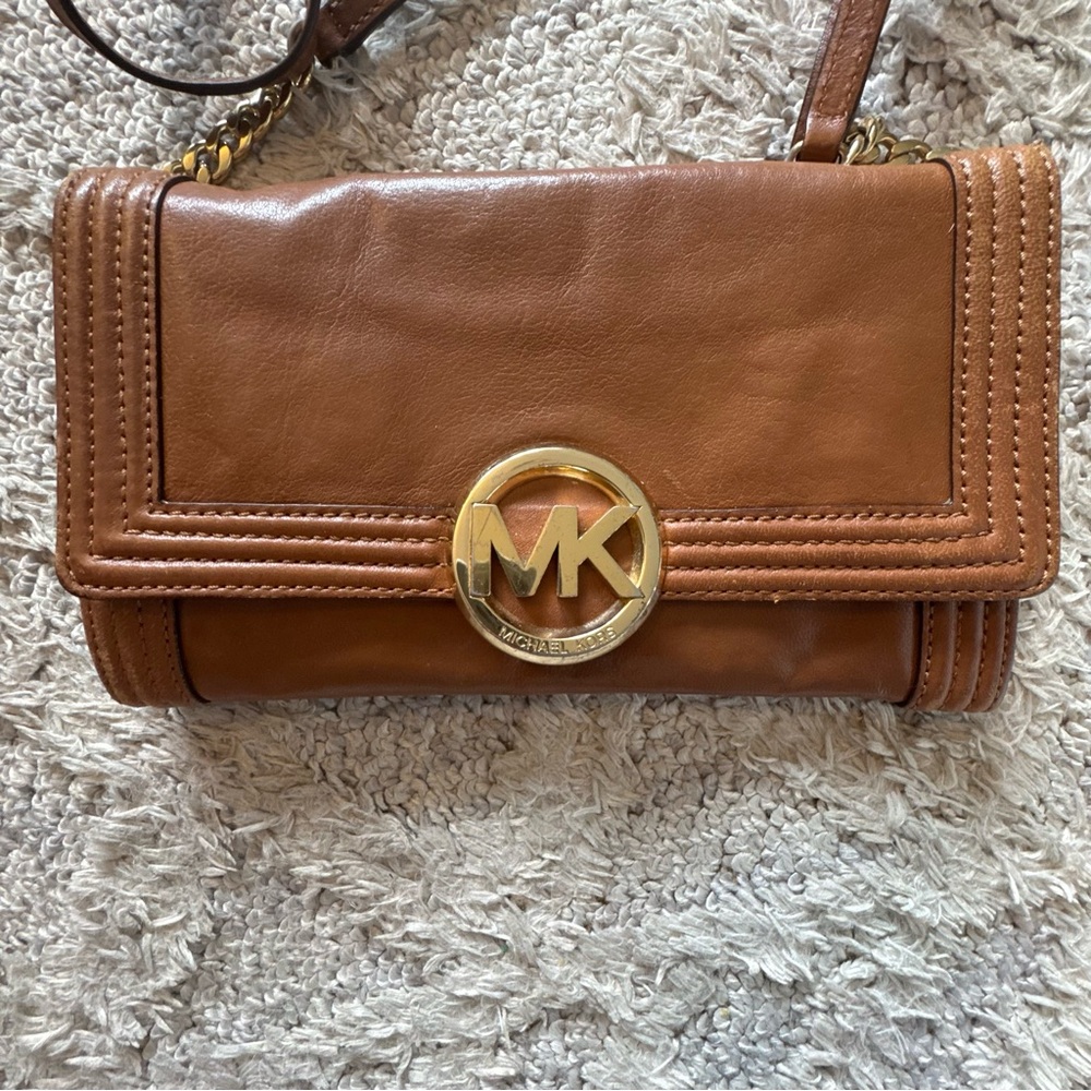 Michael Kors Fulton Women's Handbag Cognac Leather Bombe Clutch Crossbody Bag
